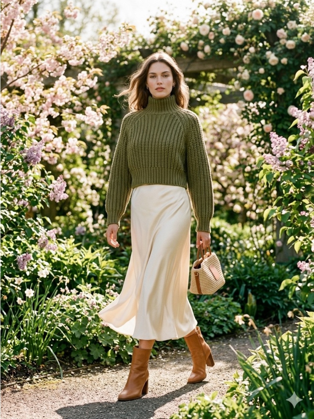 H&M Hennes Premium Ribbed Chunky Knit Cropped Sweater - Olive Green - S